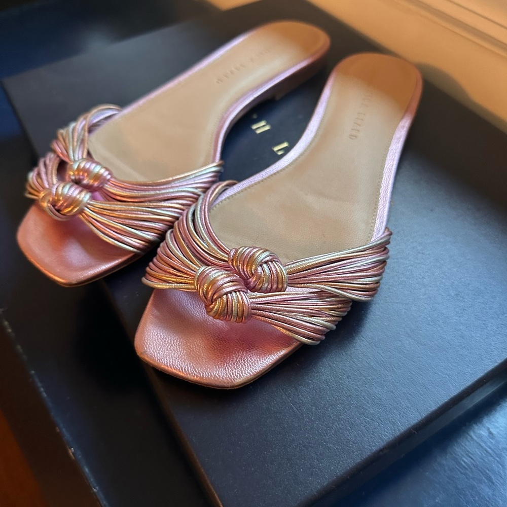 Veronica Beard Metallic Rose Gold Knotted Slide Sandals